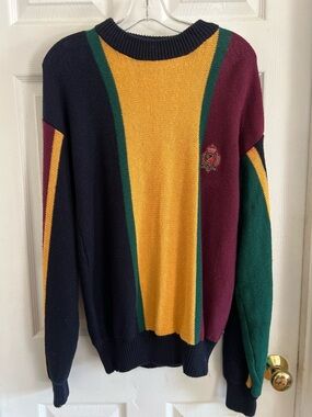 Vintage Hunting Horn Classic Embroidered Logo Colorblock Knit Men Sweater large